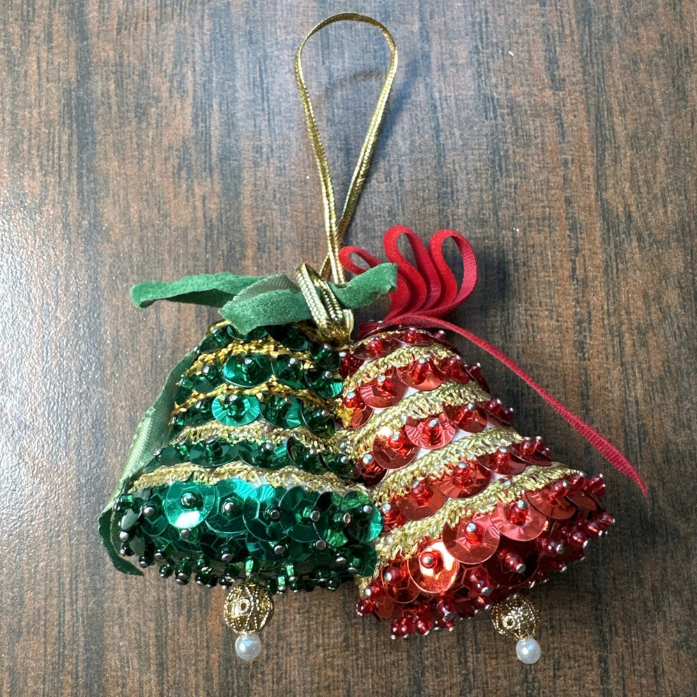 Vintage Christmas Bells Beaded Sequins Push Pin Christmas Ornament MCM Red Green
